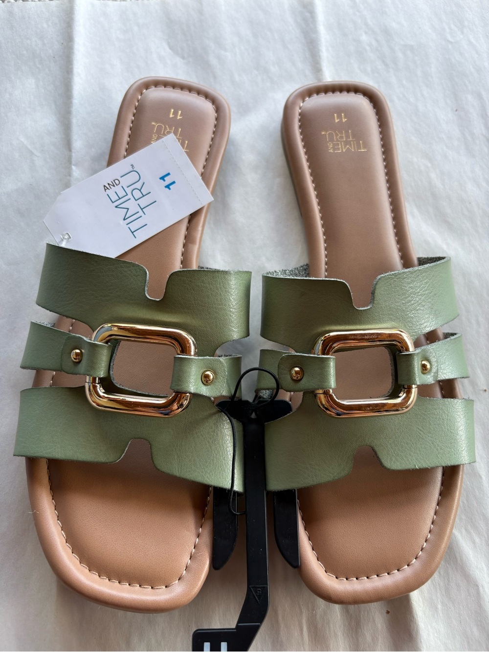 Time and Tru Olive Slide Sandals with Gold Buckle Accent